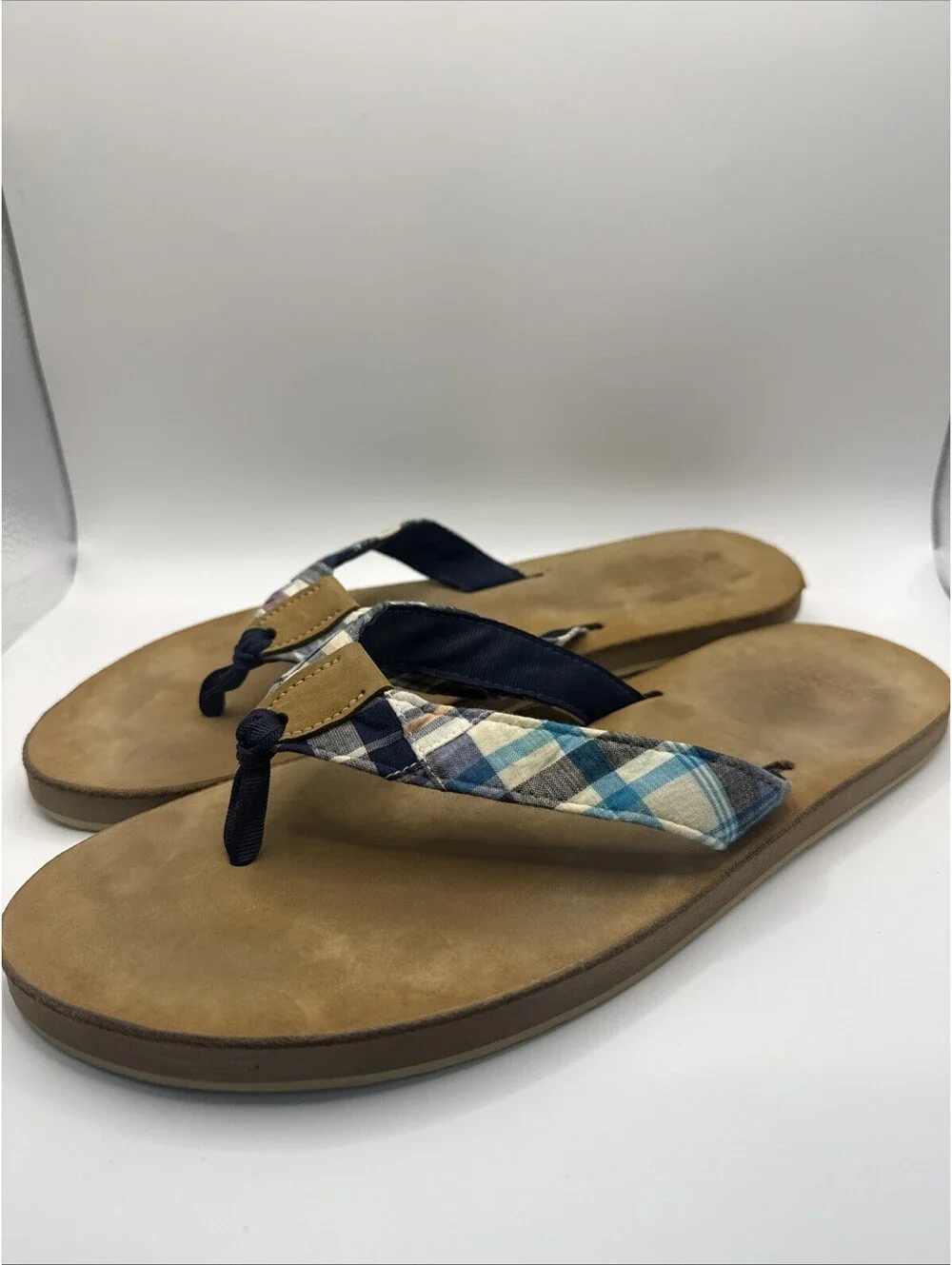 Brooks Brothers Mens Plaid Leather Flip Flop Sandals Tan Blue Made in USA